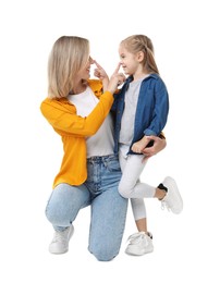 Photo of Happy mother with her cute little daughter on white background