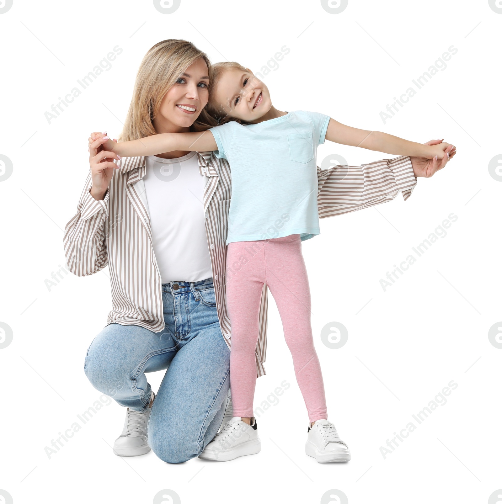 Photo of Happy mother with her cute little daughter on white background