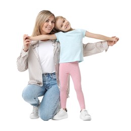 Photo of Happy mother with her cute little daughter on white background