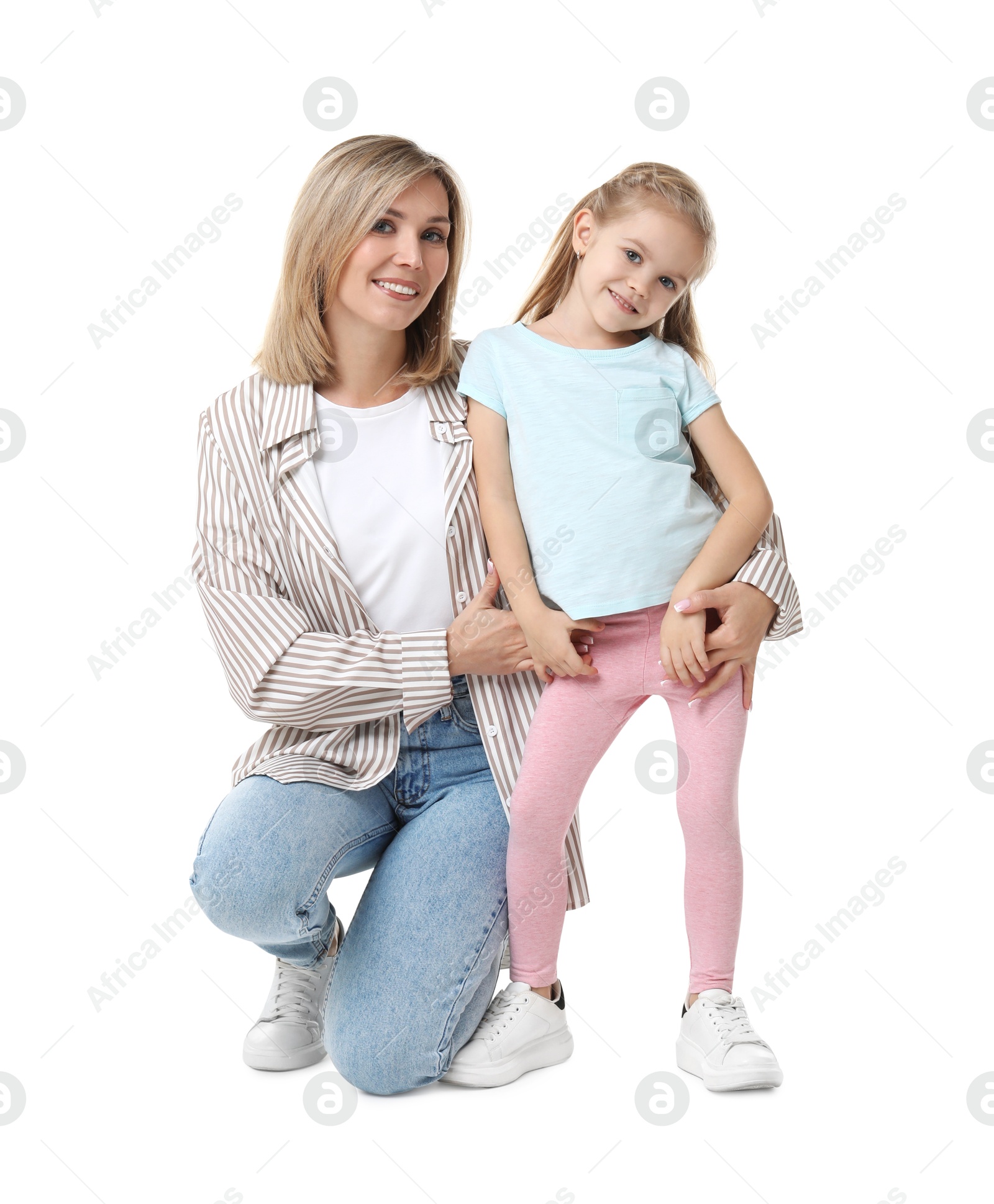 Photo of Happy mother with her cute little daughter on white background