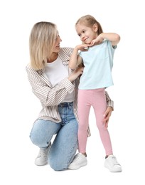 Photo of Happy mother with her cute little daughter on white background