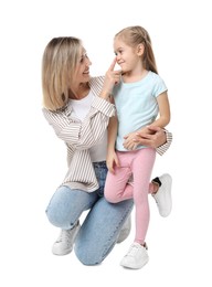 Photo of Happy mother with her cute little daughter on white background