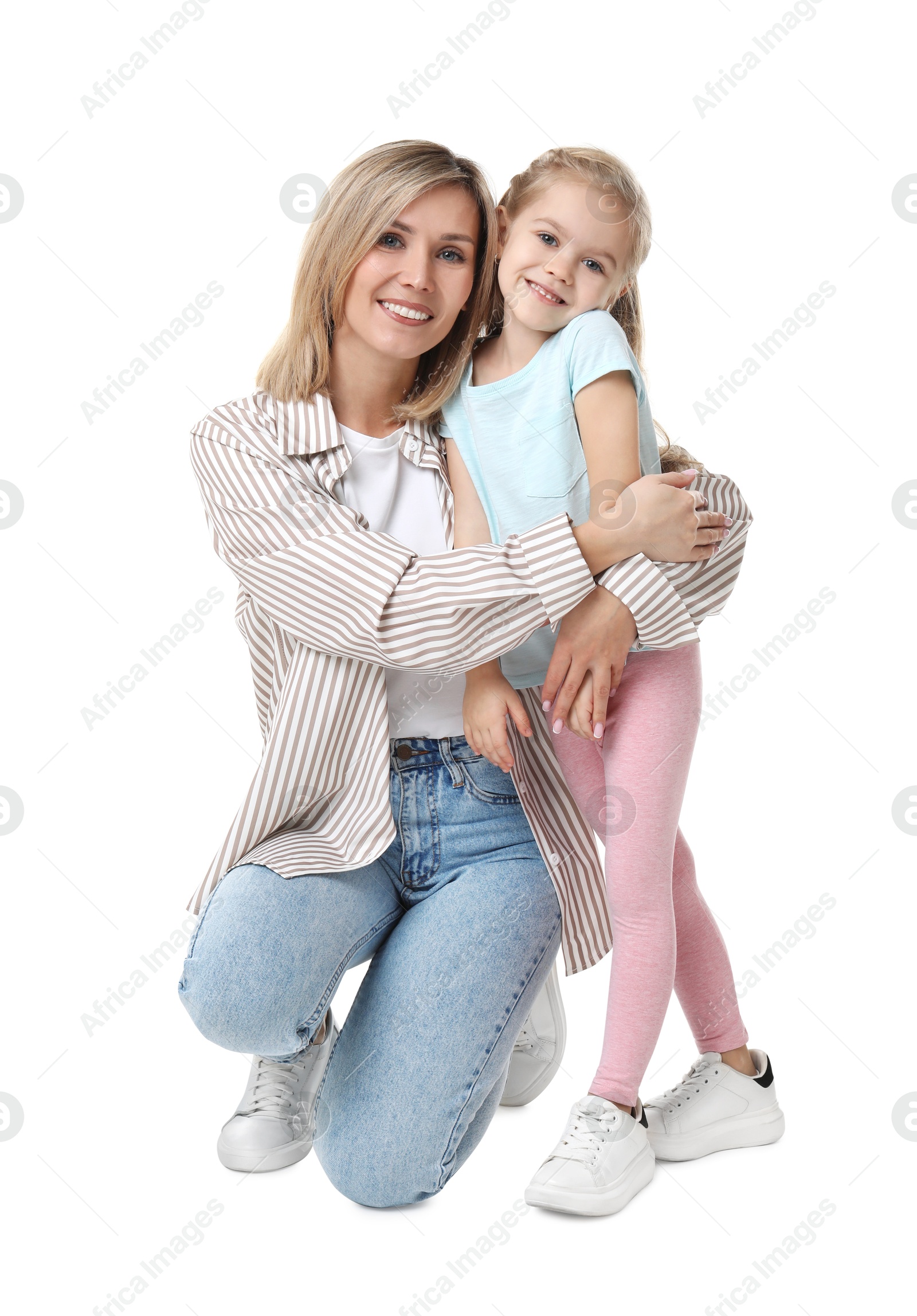 Photo of Happy mother with her cute little daughter on white background