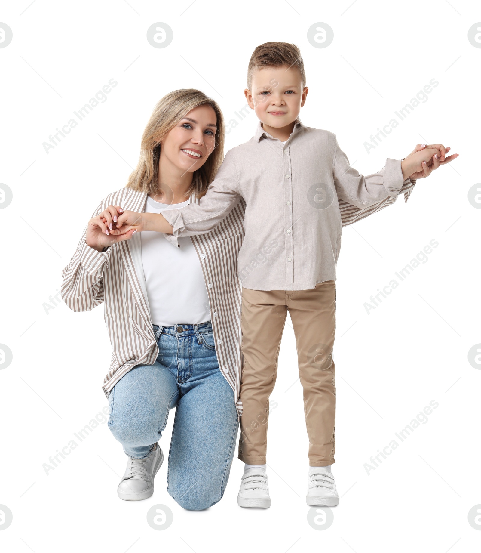 Photo of Happy mother with her cute little son on white background