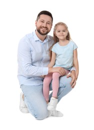 Photo of Happy father with his cute little daughter on white background