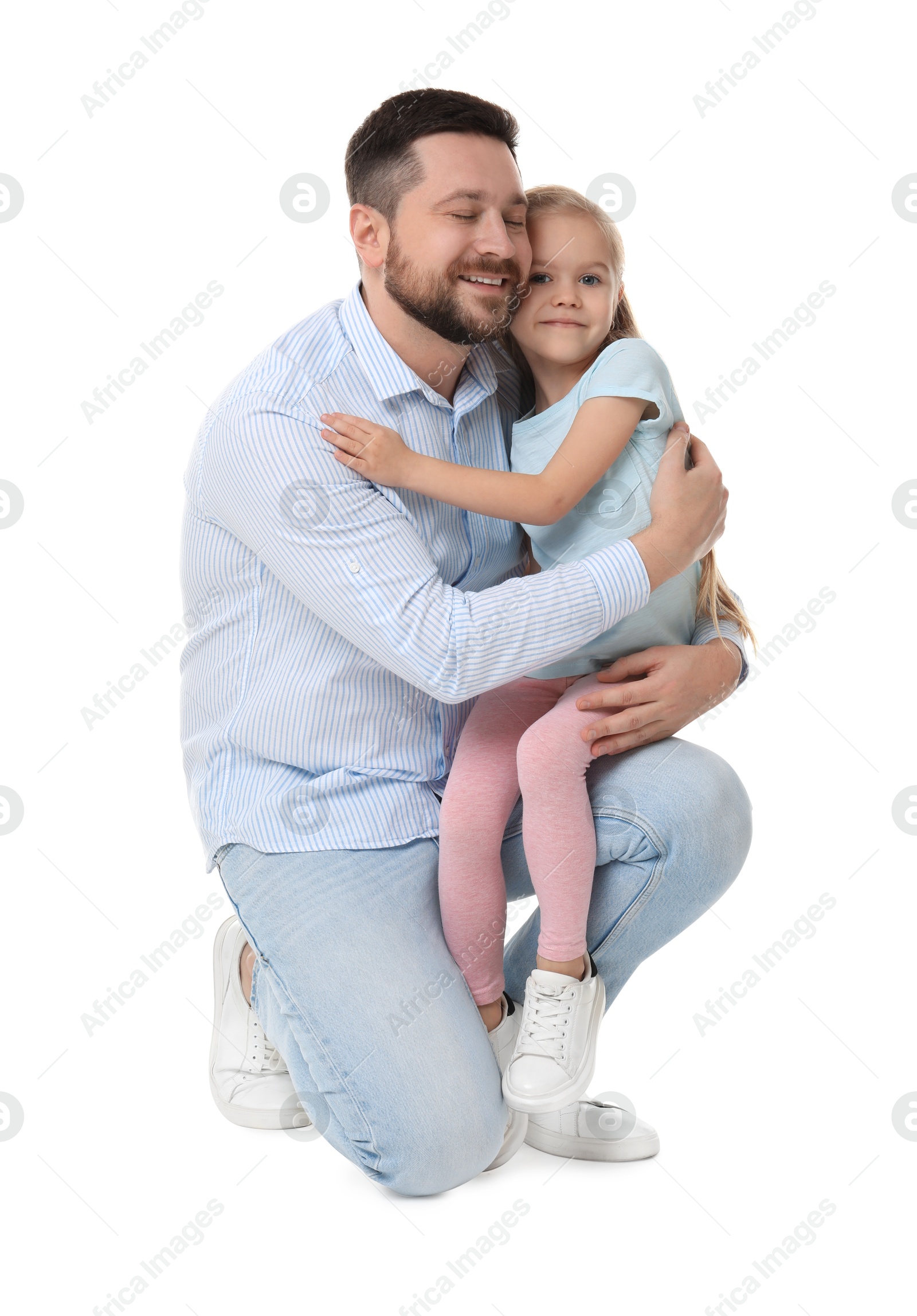 Photo of Happy father with his cute little daughter on white background