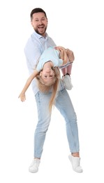 Photo of Happy father with his cute little daughter on white background