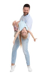 Photo of Happy father with his cute little daughter on white background