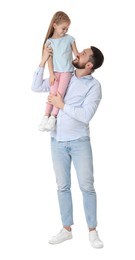 Photo of Happy father with his cute little daughter on white background