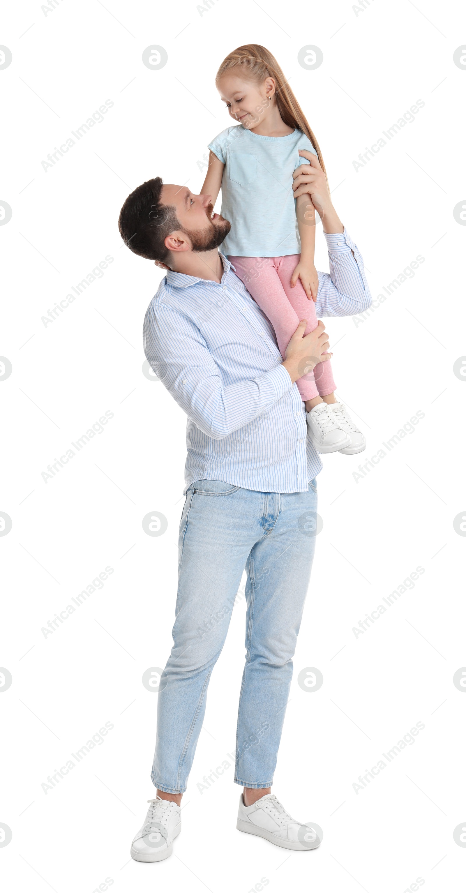 Photo of Happy father with his cute little daughter on white background