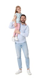 Photo of Happy father with his cute little daughter on white background