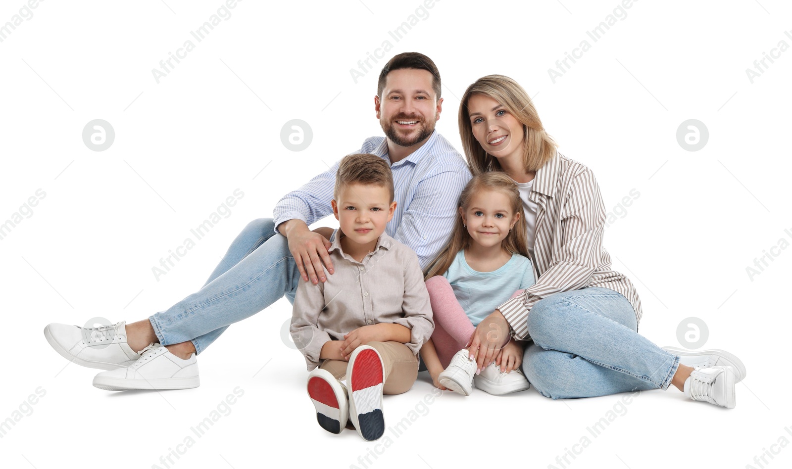 Photo of Happy parents and their children on white background