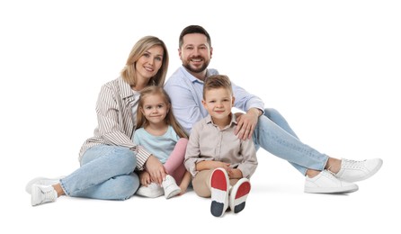 Happy parents and their children on white background