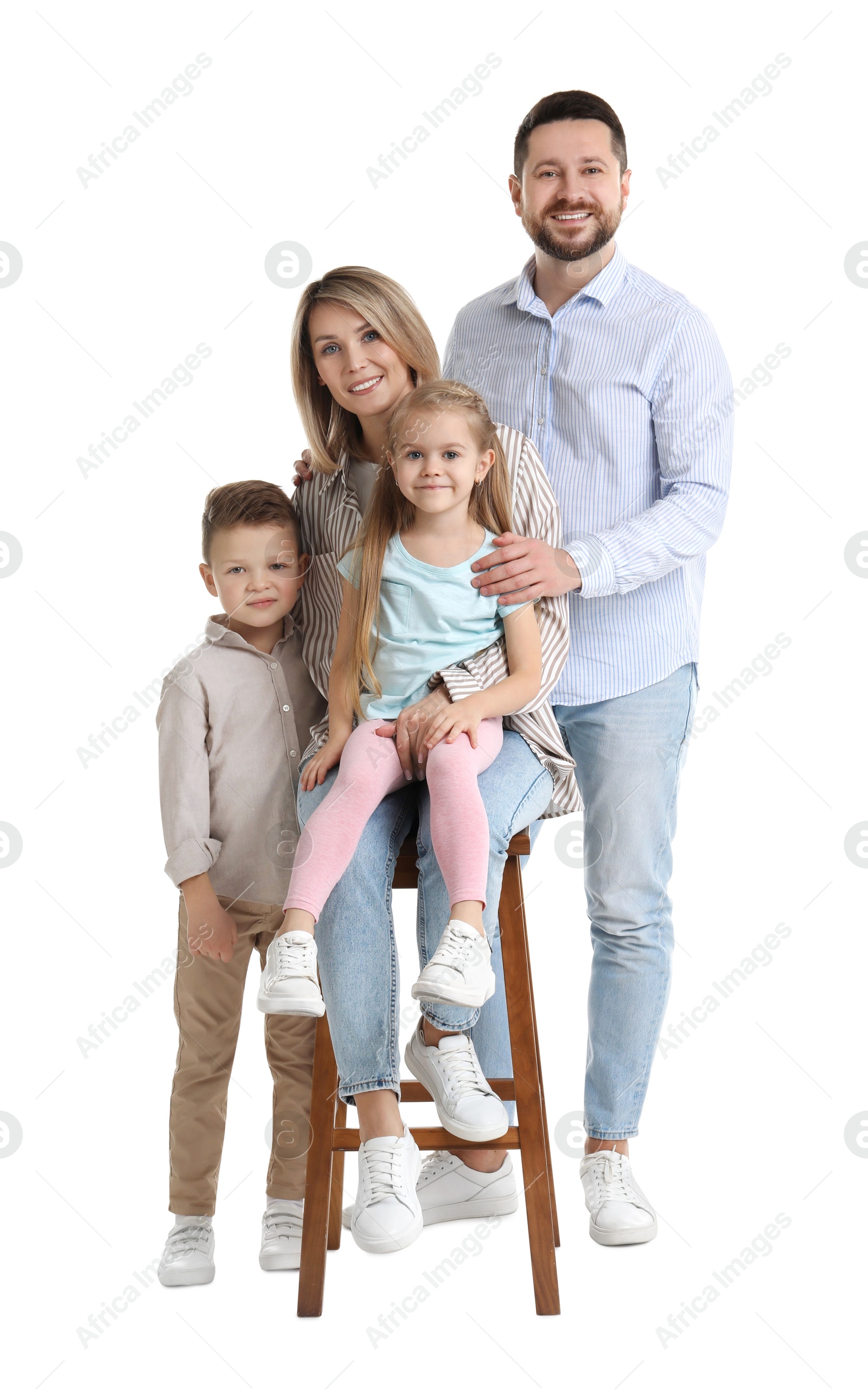 Photo of Happy parents and their children on white background