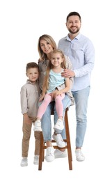 Photo of Happy parents and their children on white background