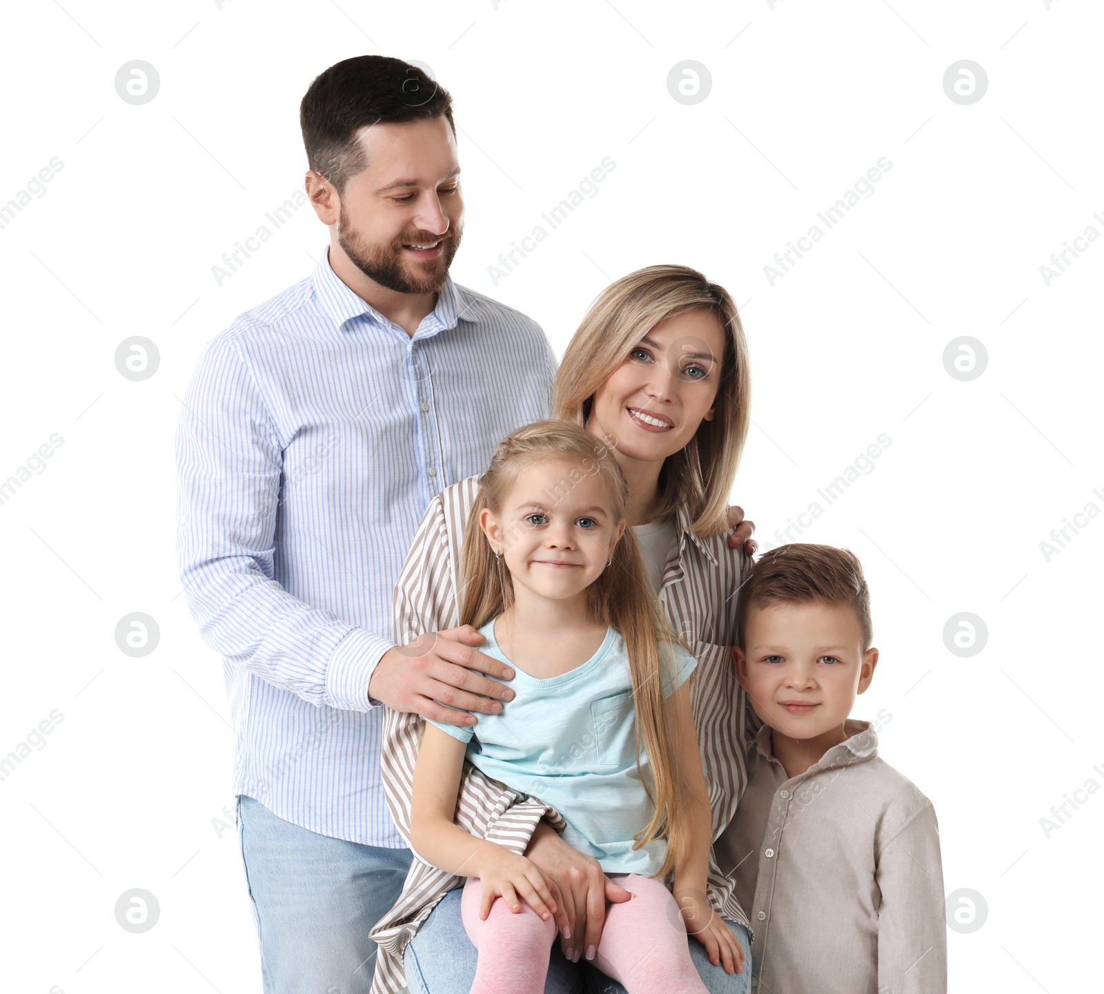 Photo of Happy parents and their children on white background