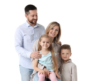 Photo of Happy parents and their children on white background