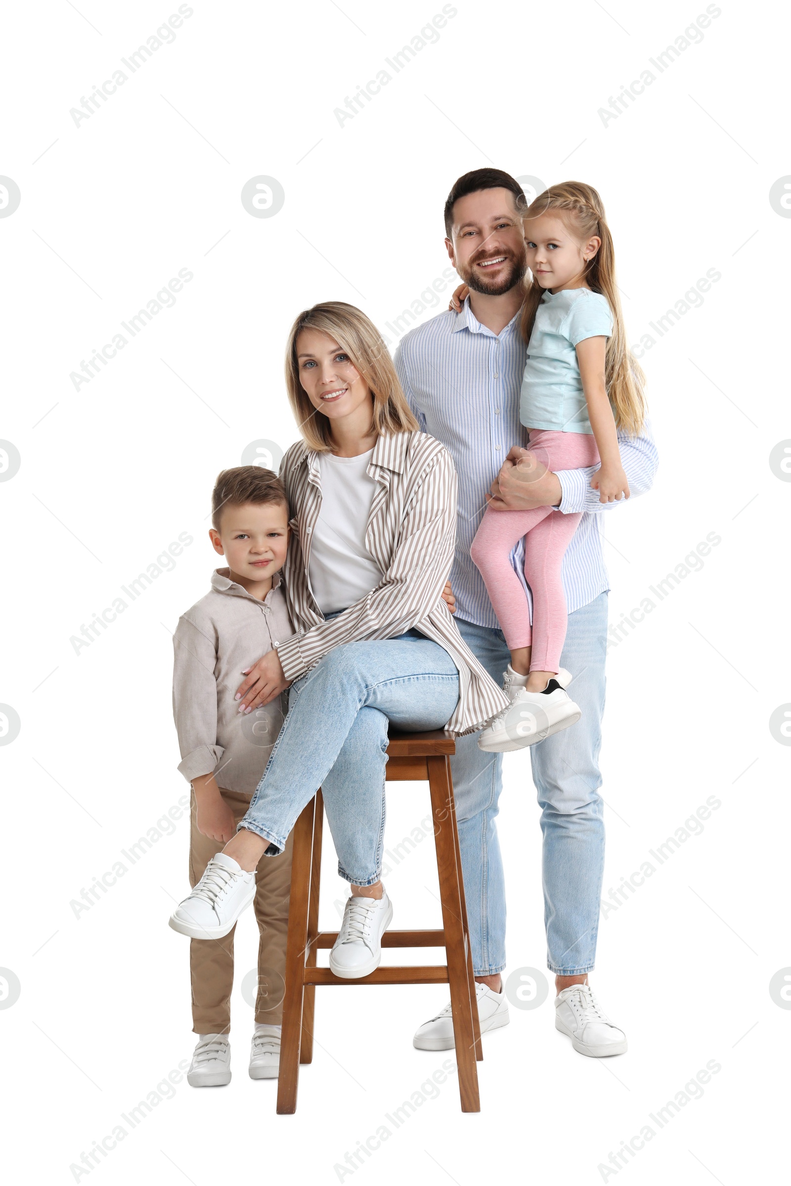 Photo of Happy parents and their children on white background