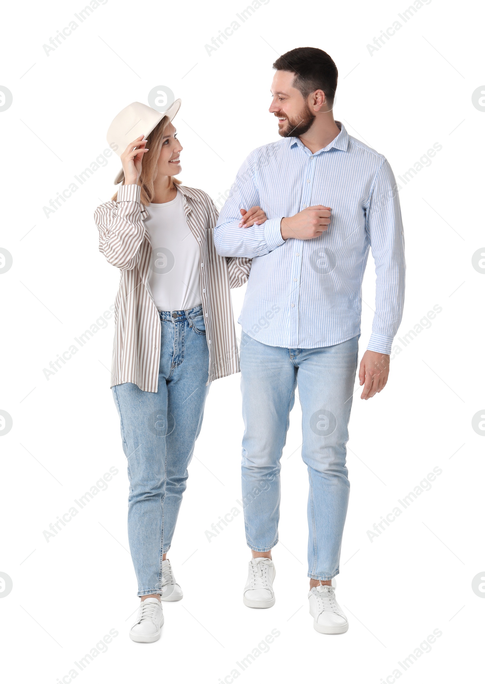 Photo of Man and woman walking on white background