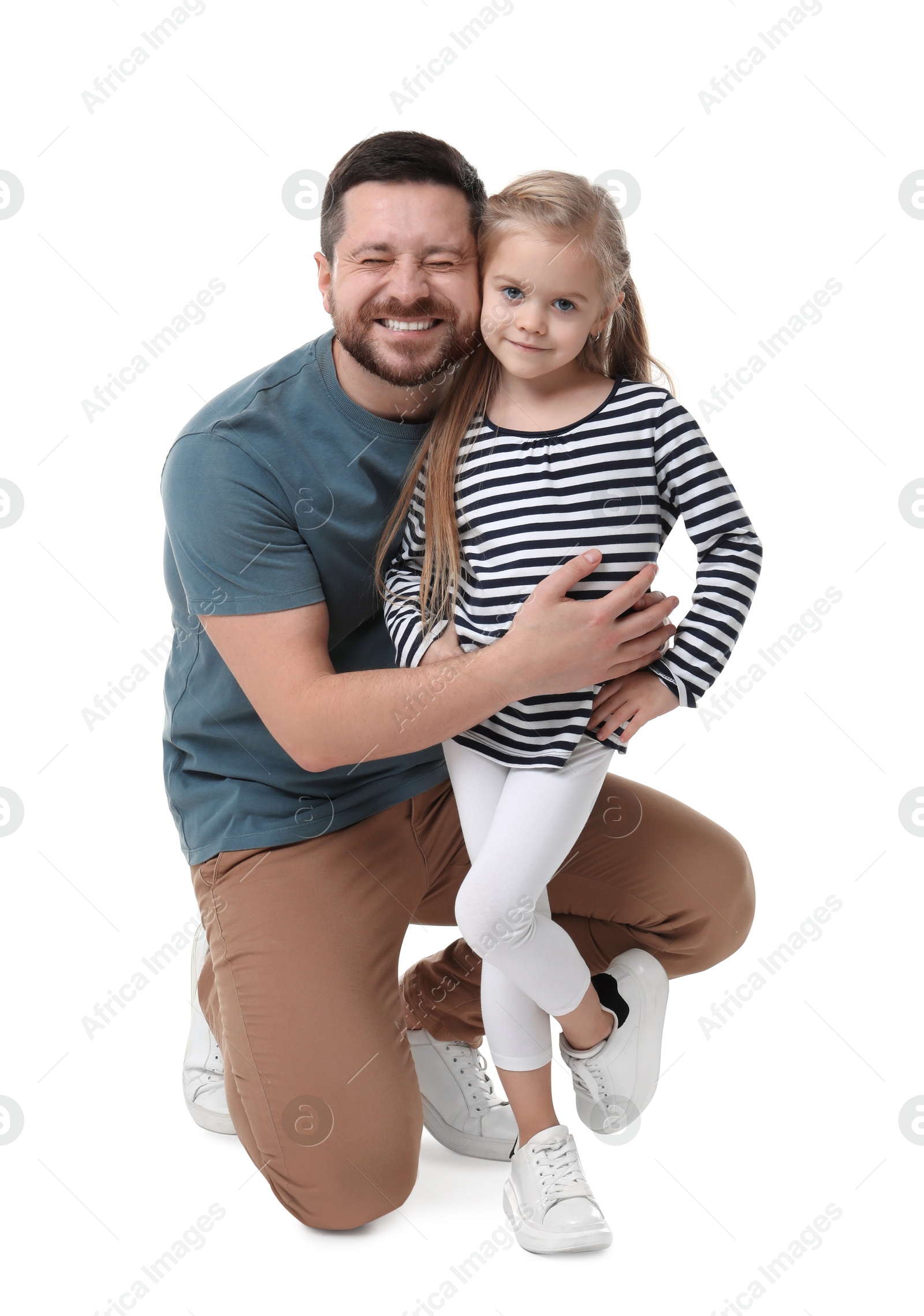 Photo of Happy father and his cute little daughter on white background