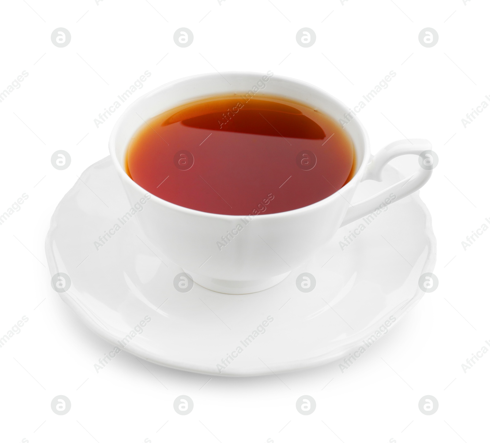 Photo of Refreshing black tea in cup isolated on white