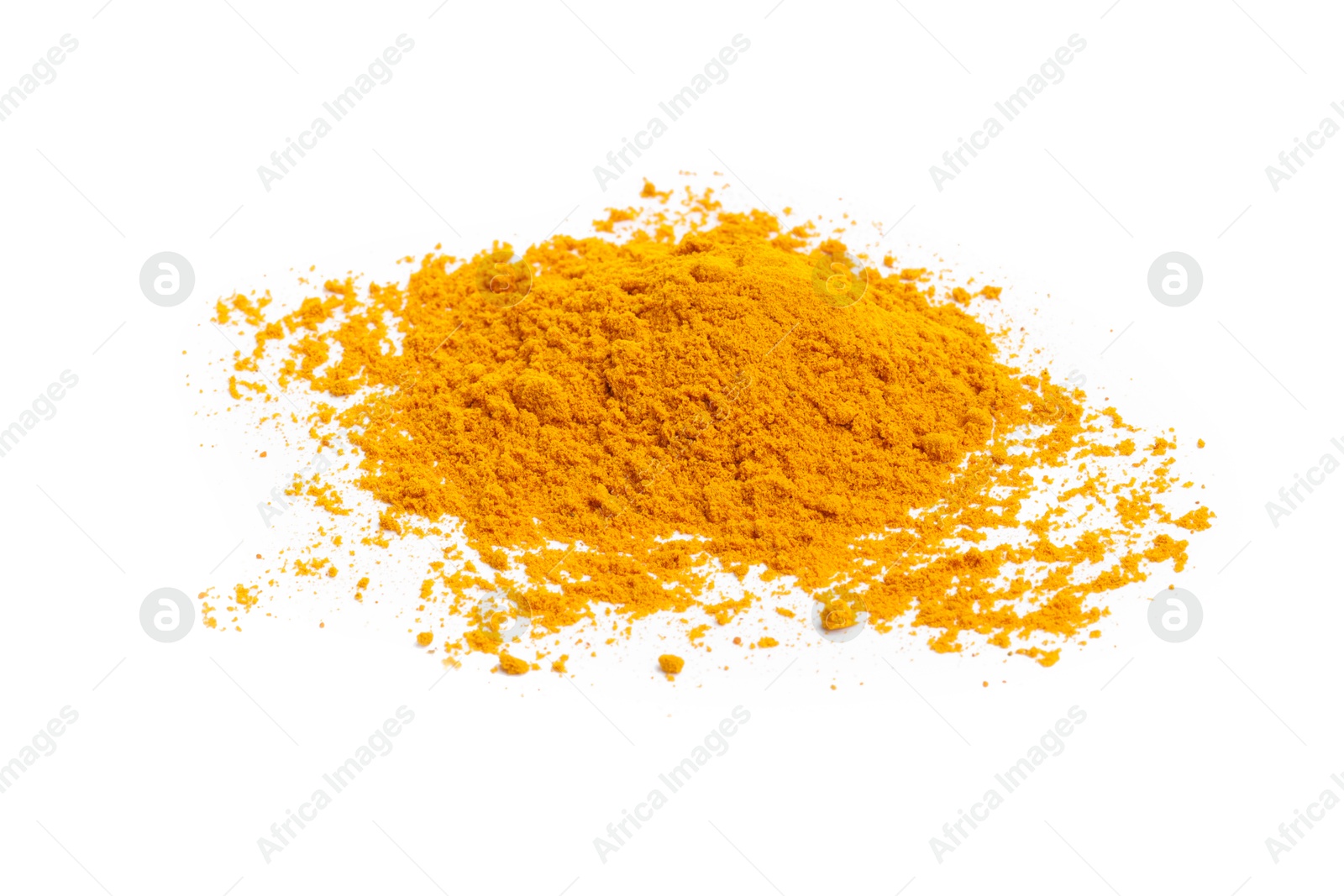 Photo of Heap of turmeric powder isolated on white