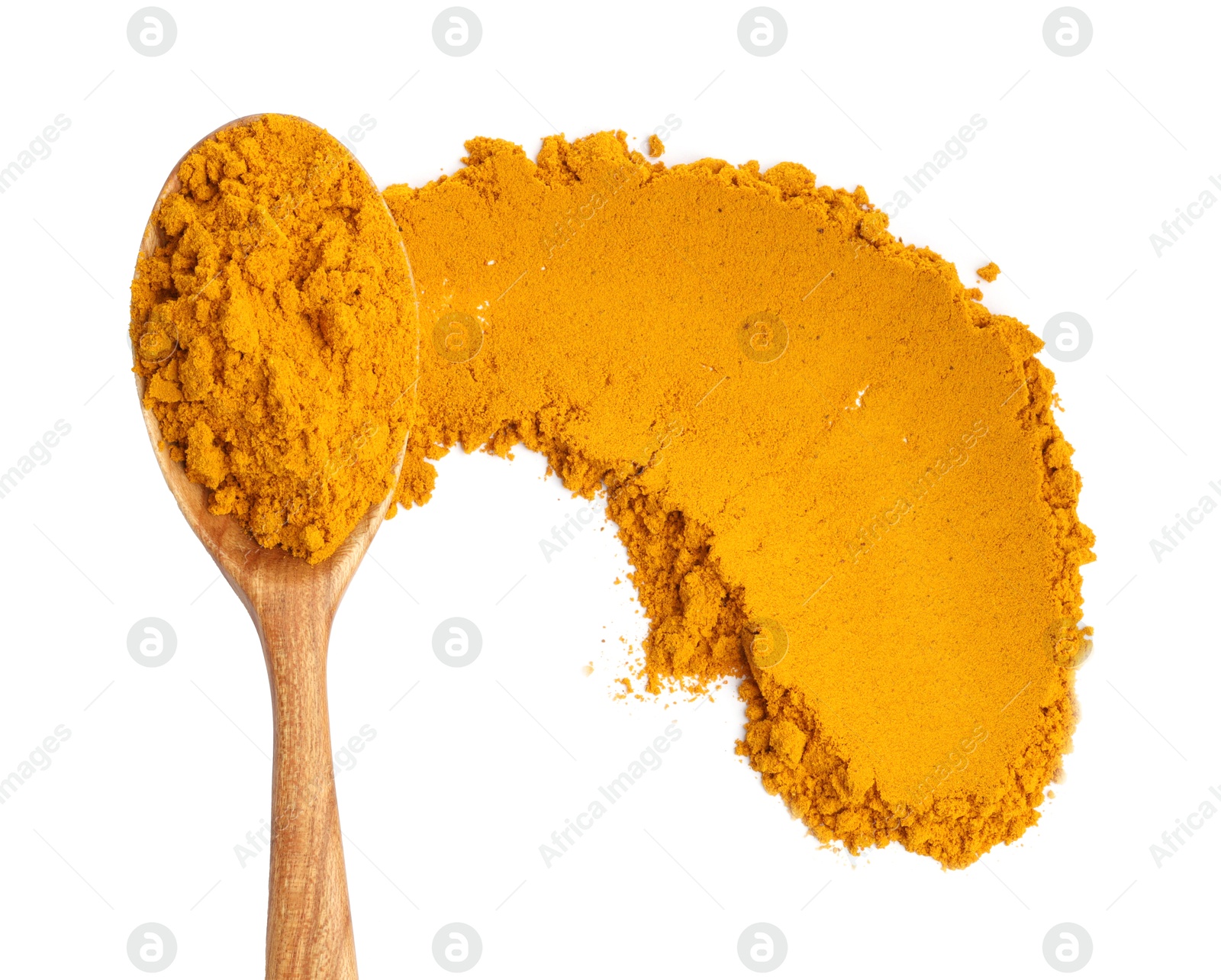 Photo of Turmeric powder and spoon isolated on white, top view