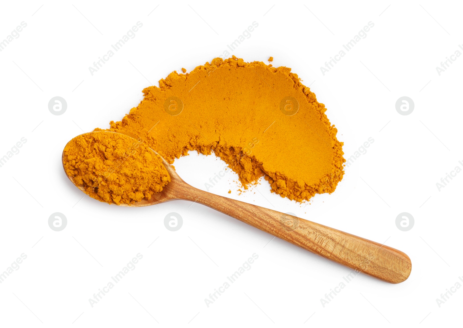 Photo of Turmeric powder and spoon isolated on white, top view