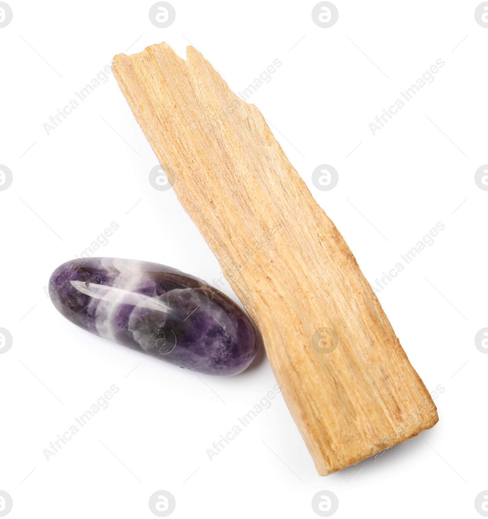 Photo of Palo santo stick and gemstone isolated on white, top view