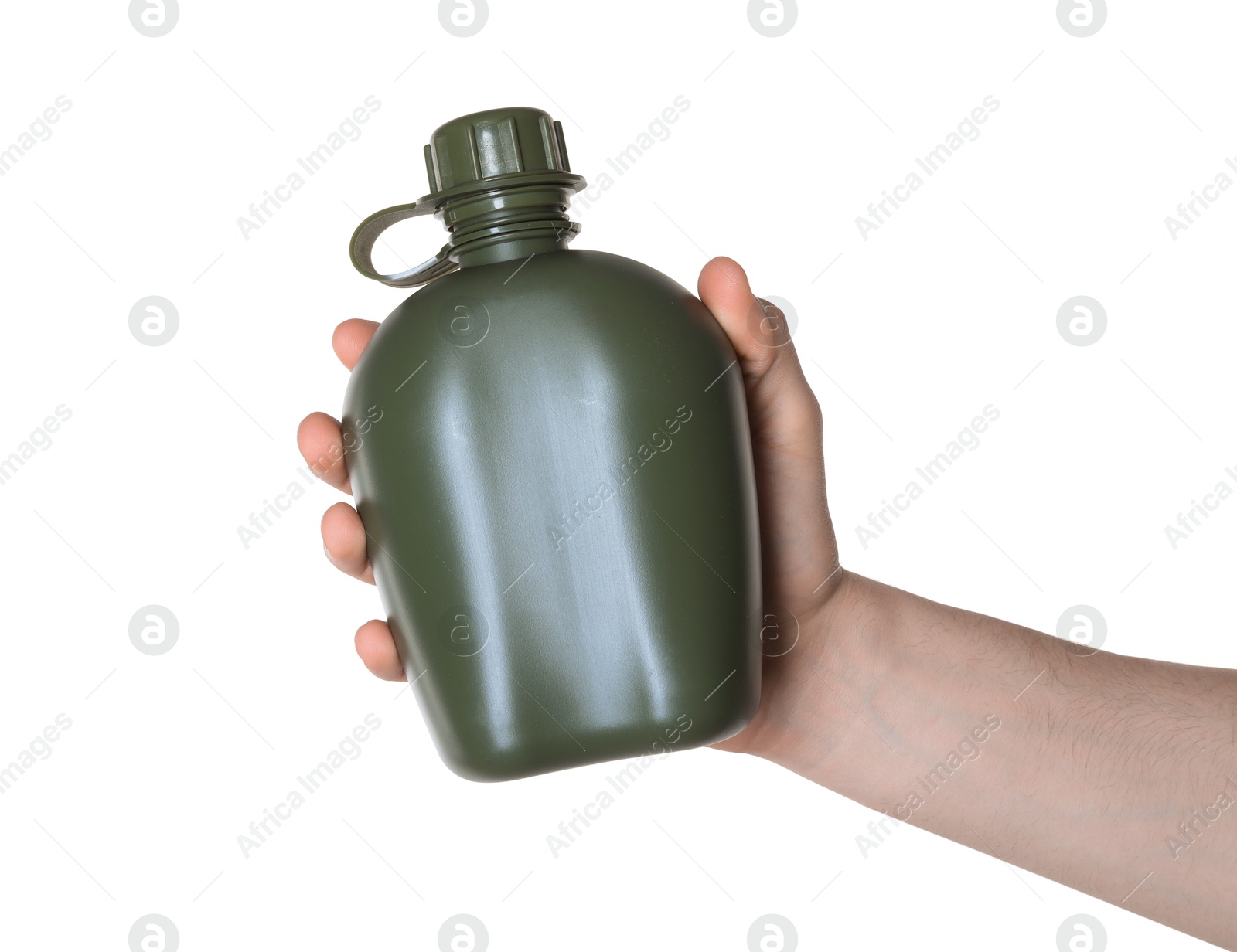 Photo of Man holding green plastic canteen on white background, closeup