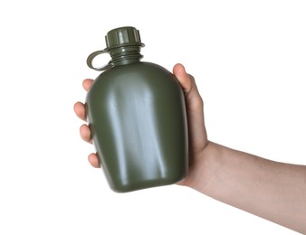 Photo of Man holding green plastic canteen on white background, closeup