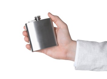 Photo of Man holding metal hip flask on white background, closeup