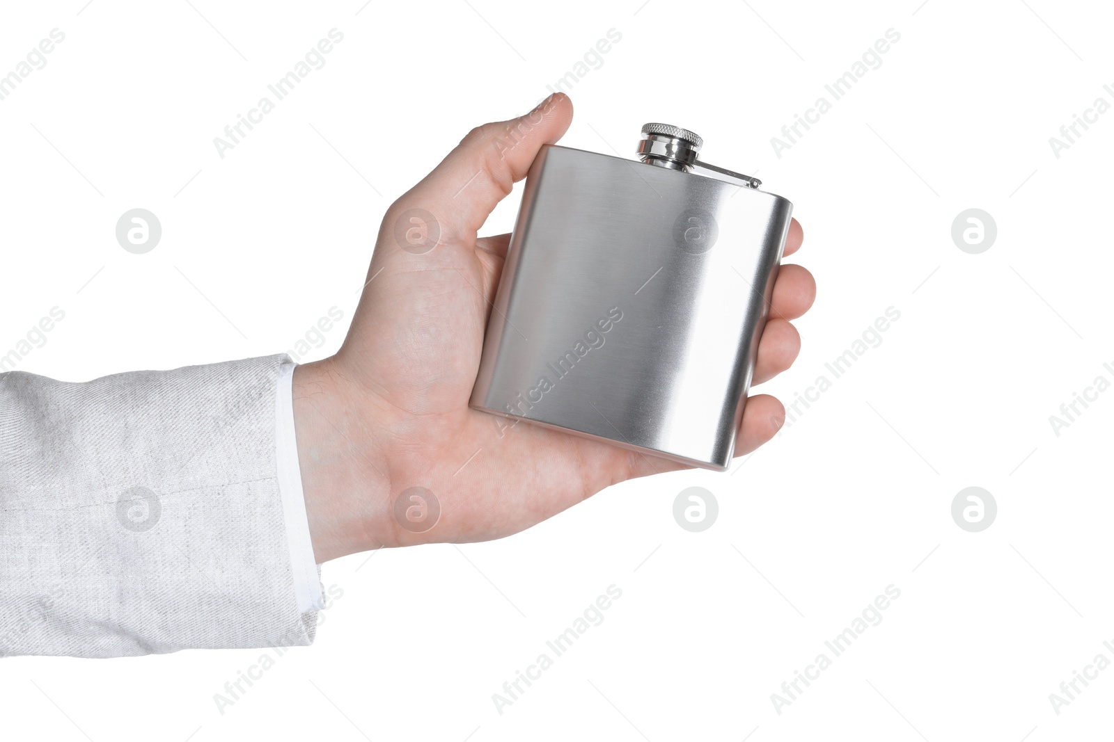 Photo of Man holding metal hip flask on white background, closeup