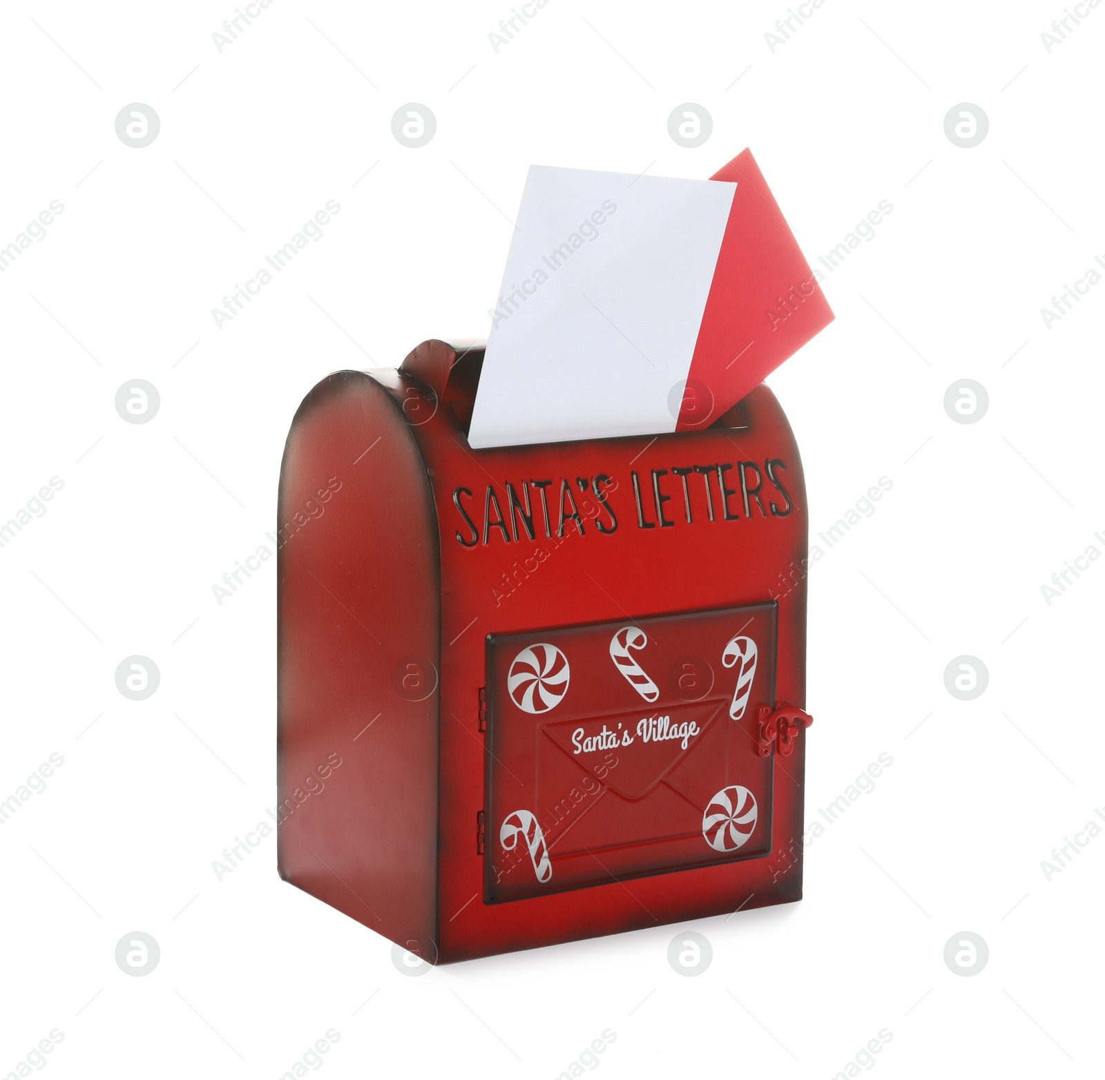 Photo of Santa Claus mail box with letters isolated on white. Christmas tradition