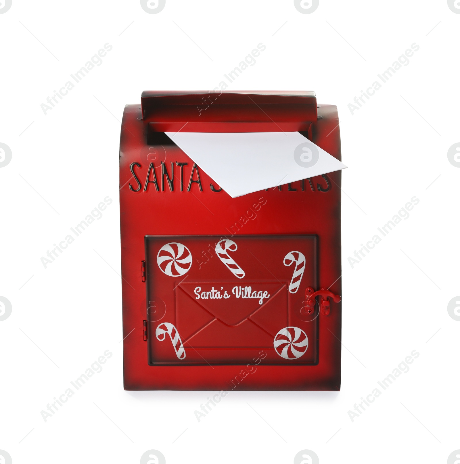 Photo of Santa Claus mail box with letter isolated on white. Christmas tradition