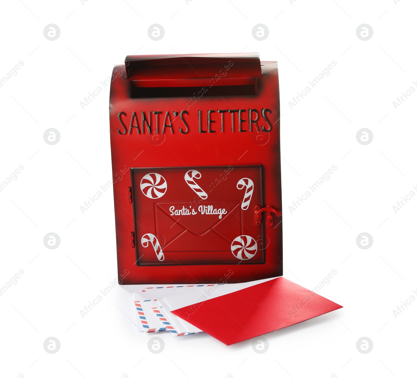 Photo of Santa Claus mail box with letters isolated on white. Christmas tradition