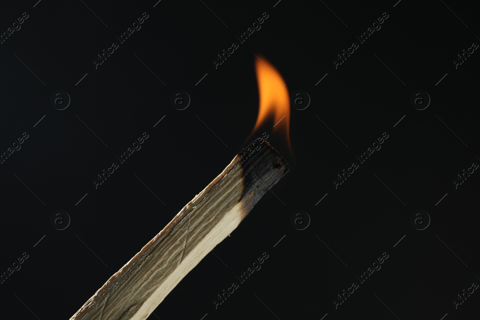 Photo of Burning palo santo stick against black background, closeup