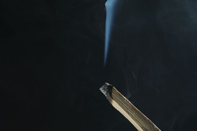 Photo of Smoldering palo santo stick against black background, closeup