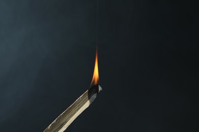 Photo of Burning palo santo stick against black background, closeup