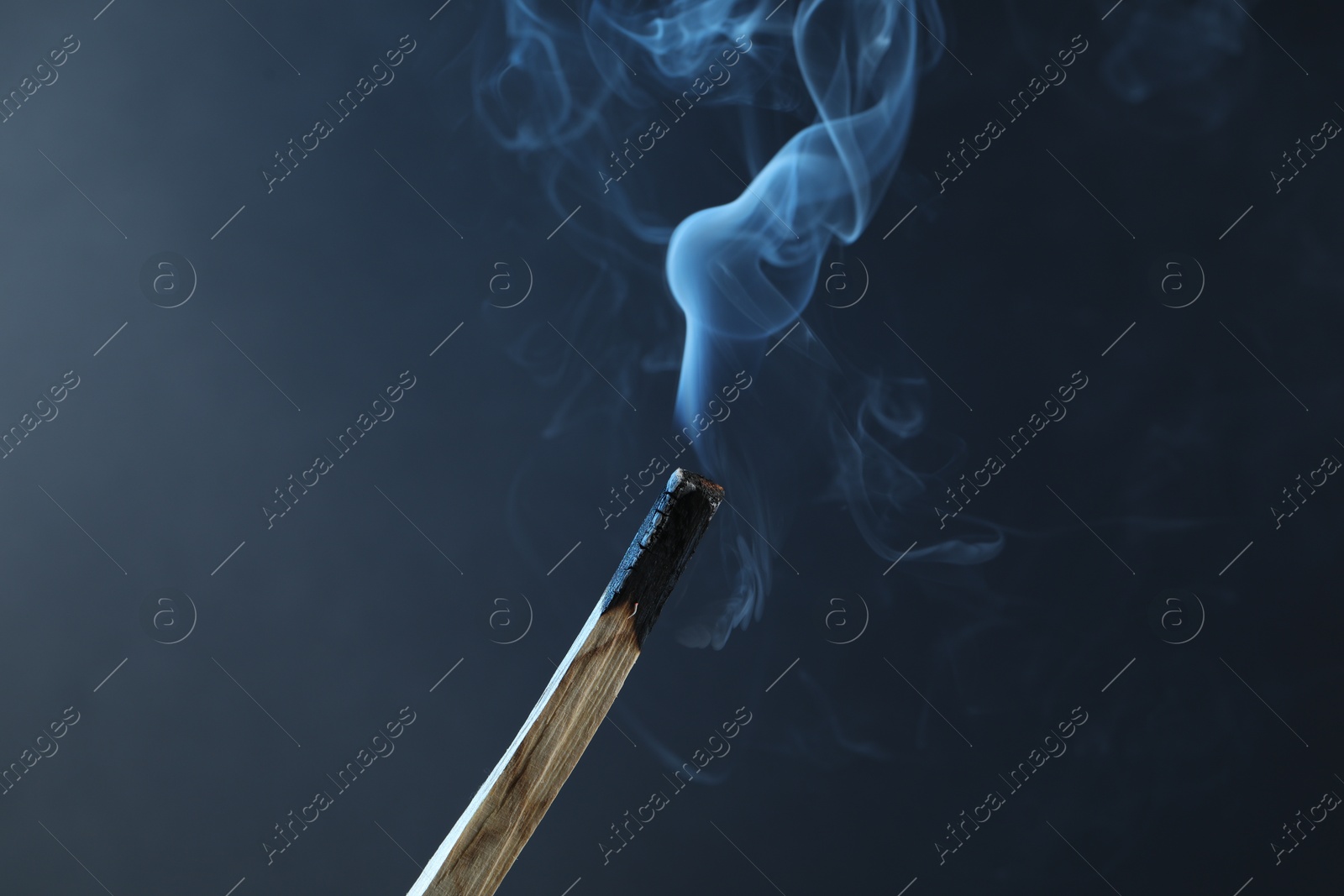 Photo of Smoldering palo santo stick against grey background, closeup