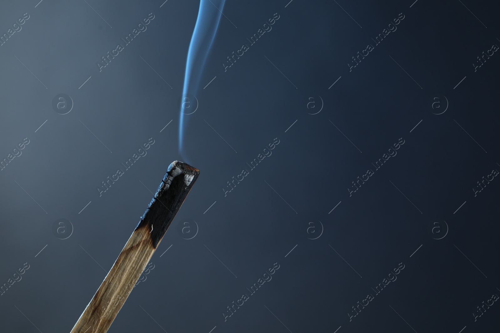 Photo of Smoldering palo santo stick against grey background, closeup. Space for text