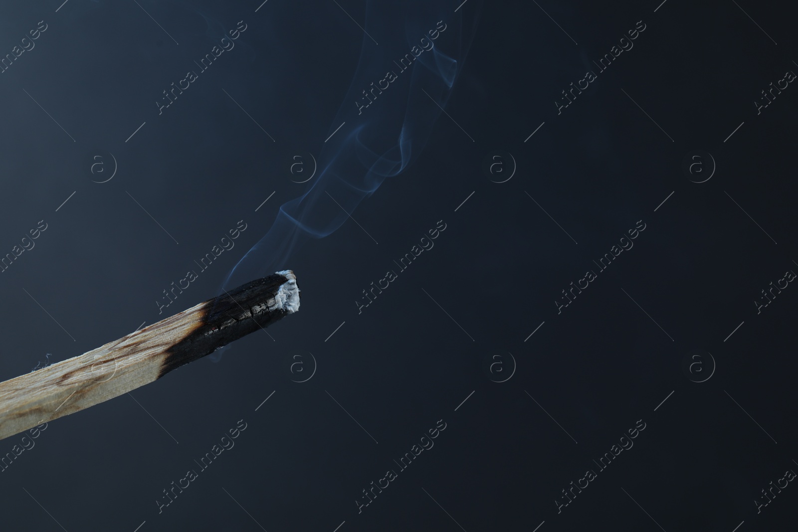 Photo of Smoldering palo santo stick against grey background, closeup. Space for text