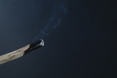 Photo of Smoldering palo santo stick against grey background, closeup. Space for text