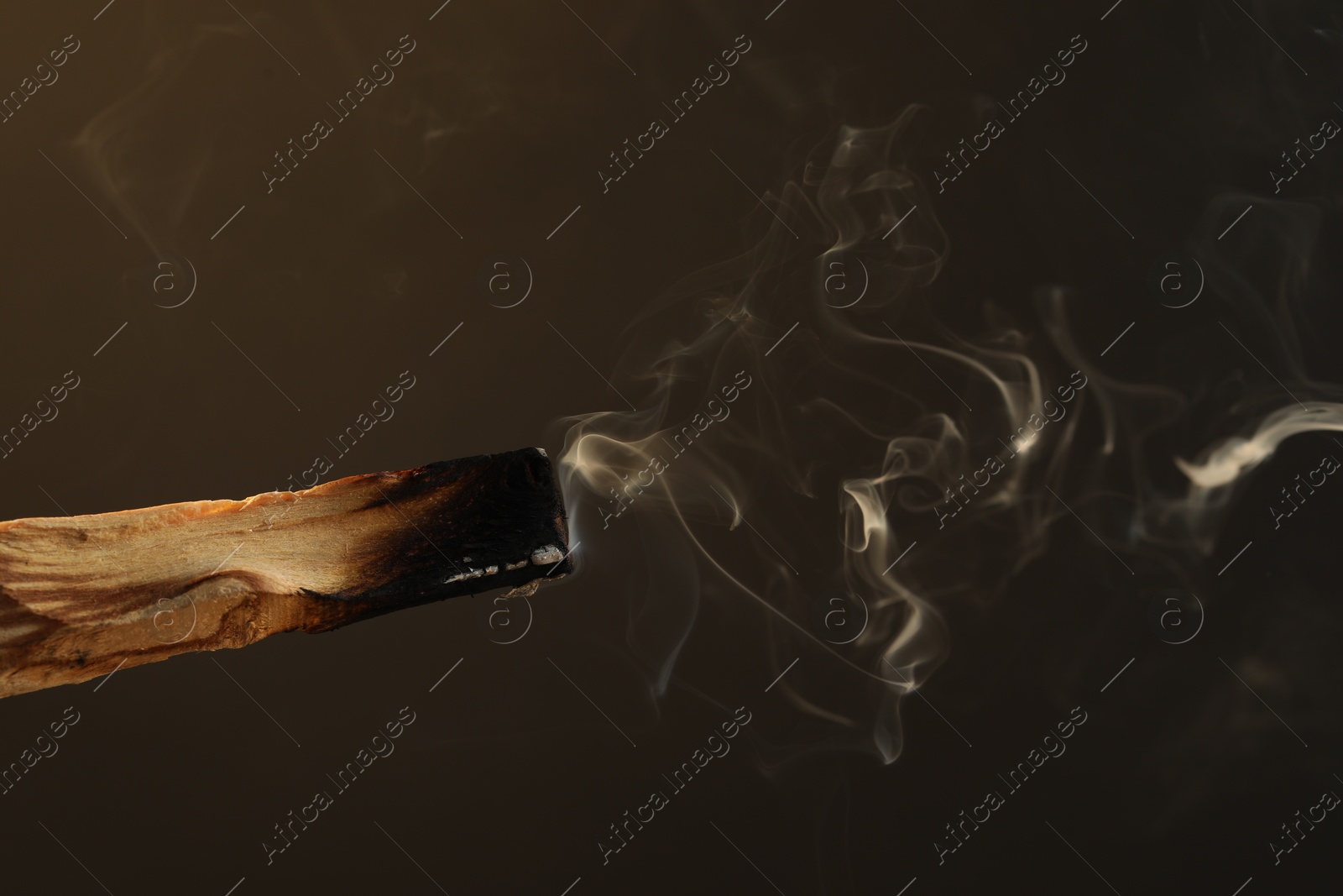 Photo of Smoldering palo santo stick against dark background, closeup