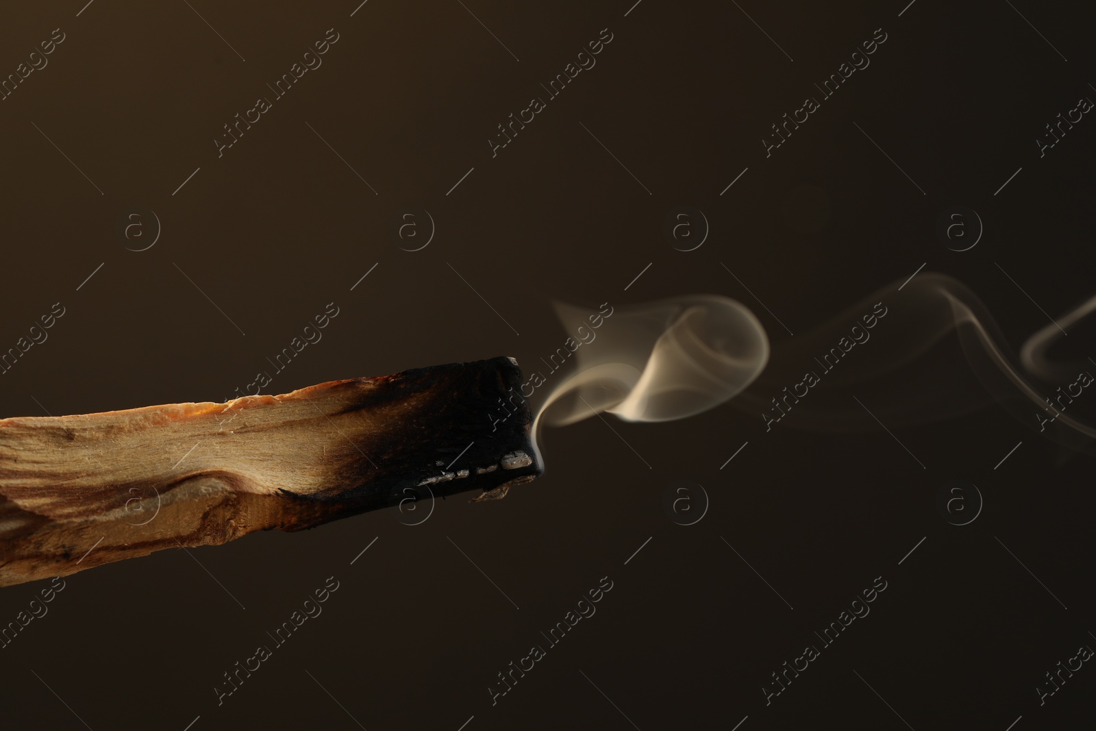 Photo of Smoldering palo santo stick against dark background, closeup