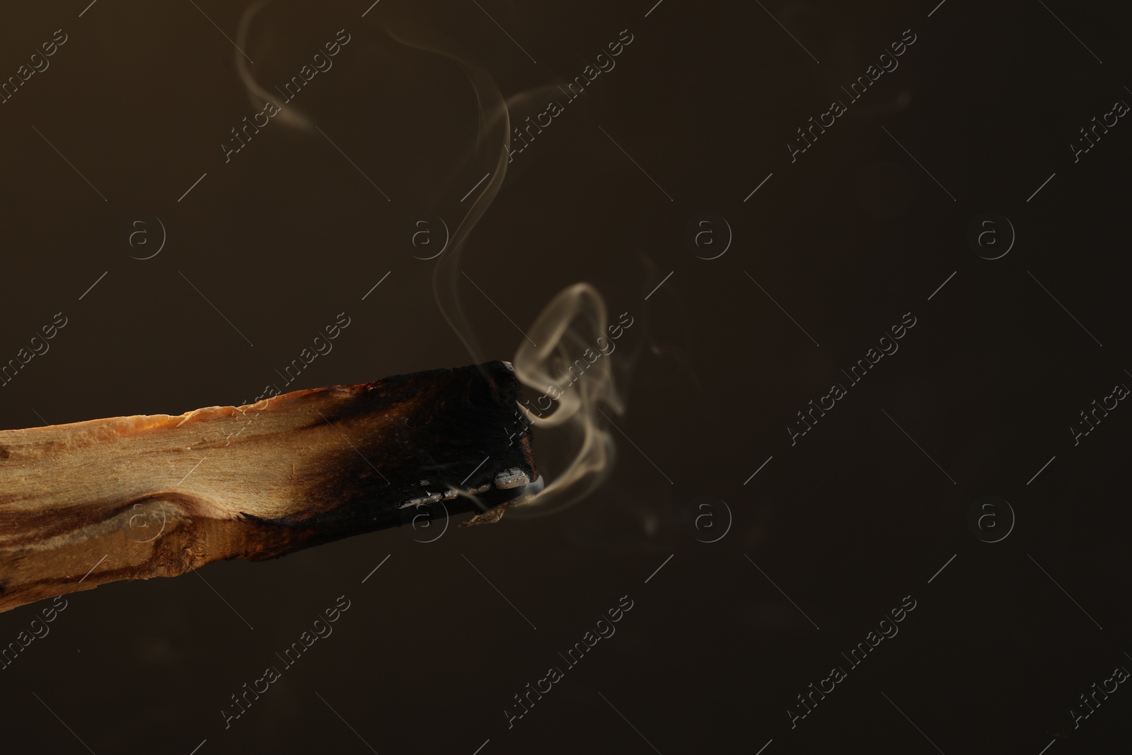 Photo of Smoldering palo santo stick against dark background, closeup. Space for text