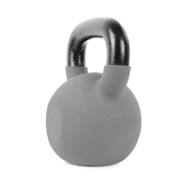 Photo of One metal kettlebell isolated on white. Sports equipment