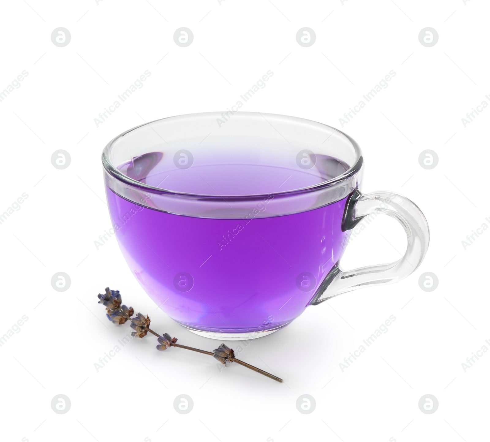 Photo of Aromatic lavender tea in glass cup and dry flowers isolated on white