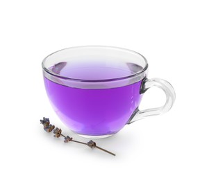 Aromatic lavender tea in glass cup and dry flowers isolated on white