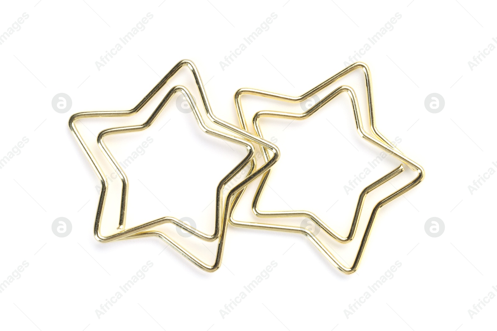 Photo of Star shaped paper clips isolated on white, top view